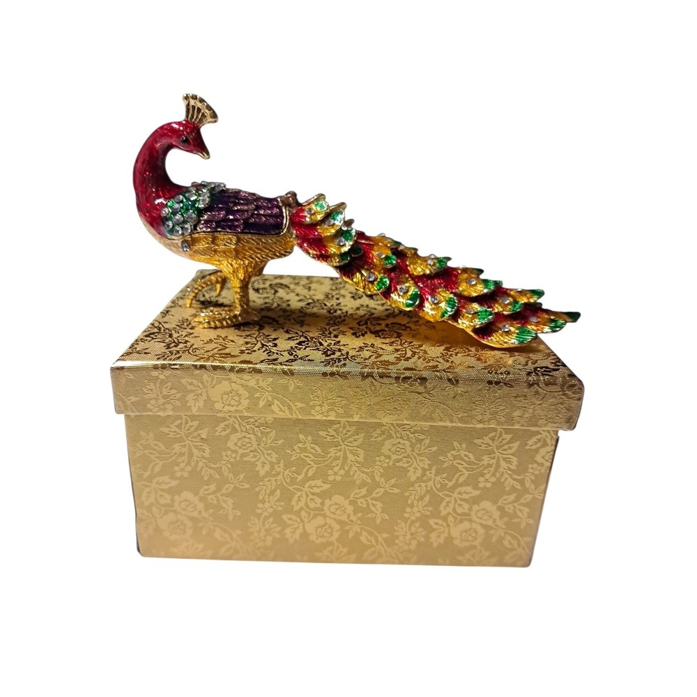 Peacock Bird Jeweled Enameled Hinged Trinket Box Figurine Enamel Metal New